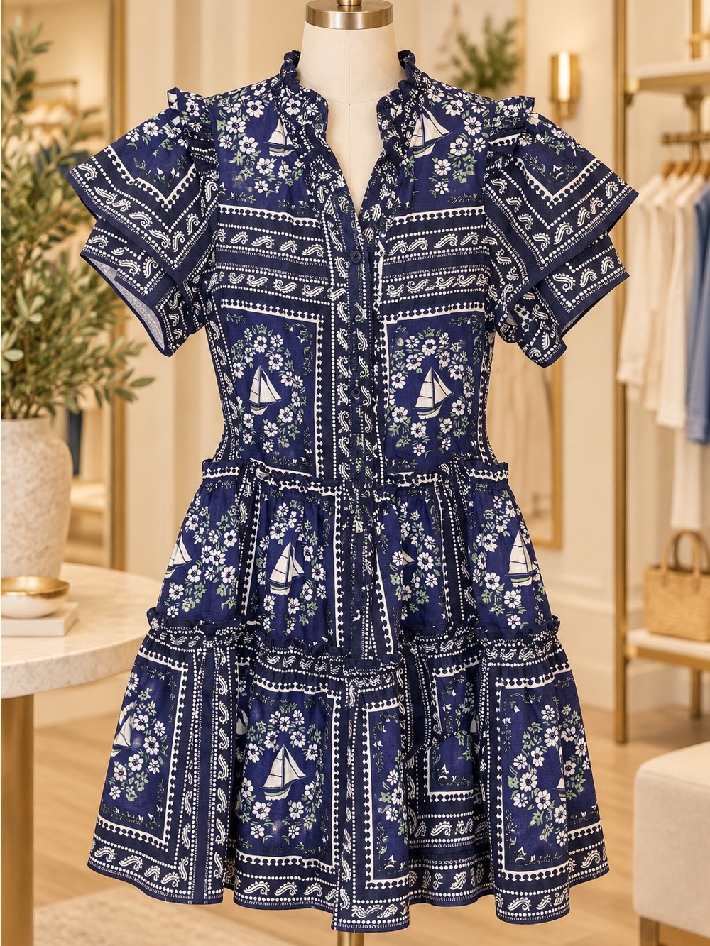 Hunter Bell Merritt Bon Voyage Navy Floral Sailboat Tiered Short Dress M $365